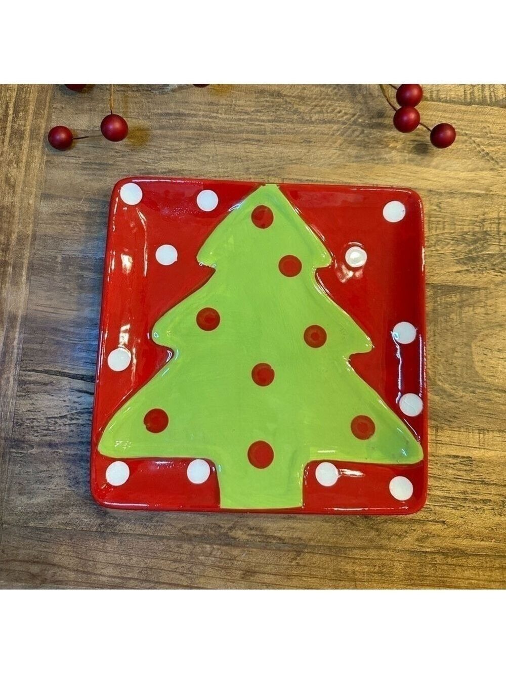 TRS The Royal Standard Red Glass Plate White Dots Green Tree with Red Polka Dots
